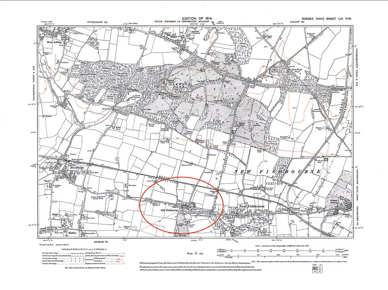 Ordnance Survey map of Old Fishbourne, 1914, showing the settlement and surrounding fields